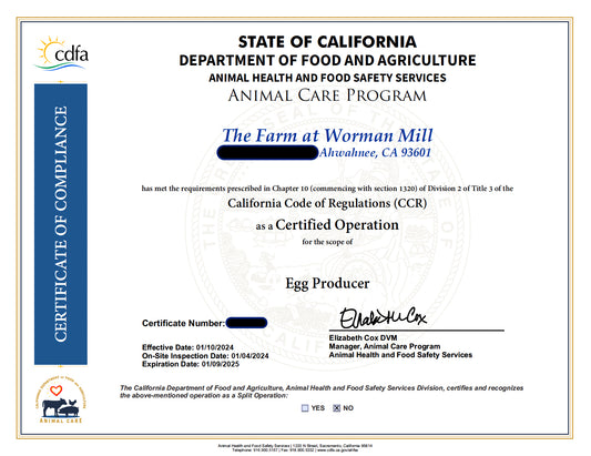 Prop 12 Certification for Eggs